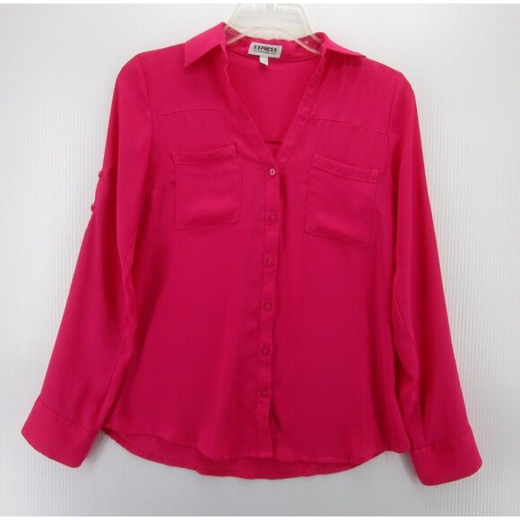 Express Top XS Portofino Shirt Button Down Career Pockets Roll Tab - Picture 1 of 12